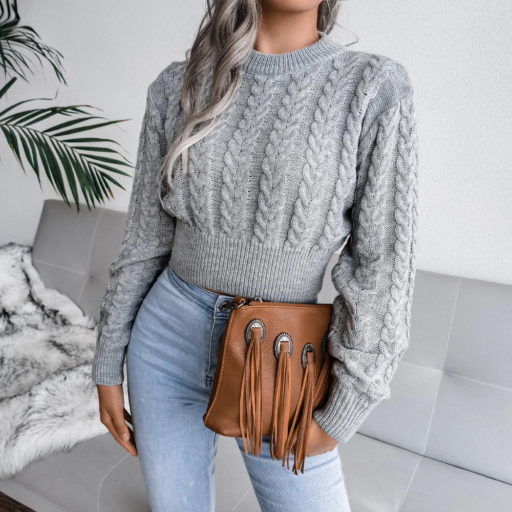 eDressU Woman Short Sweater Cable Knit Jumper Grey Knitted Crop Top O Neck High Waist Casual Office Fashion Pullover BJS-2051 - Image 2