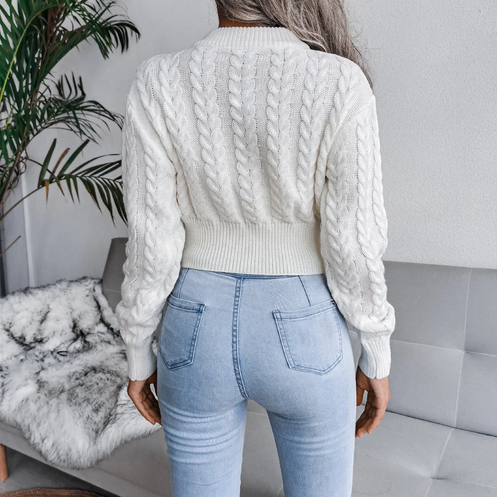 eDressU Woman Short Sweater Cable Knit Jumper Grey Knitted Crop Top O Neck High Waist Casual Office Fashion Pullover BJS-2051 - Image 4