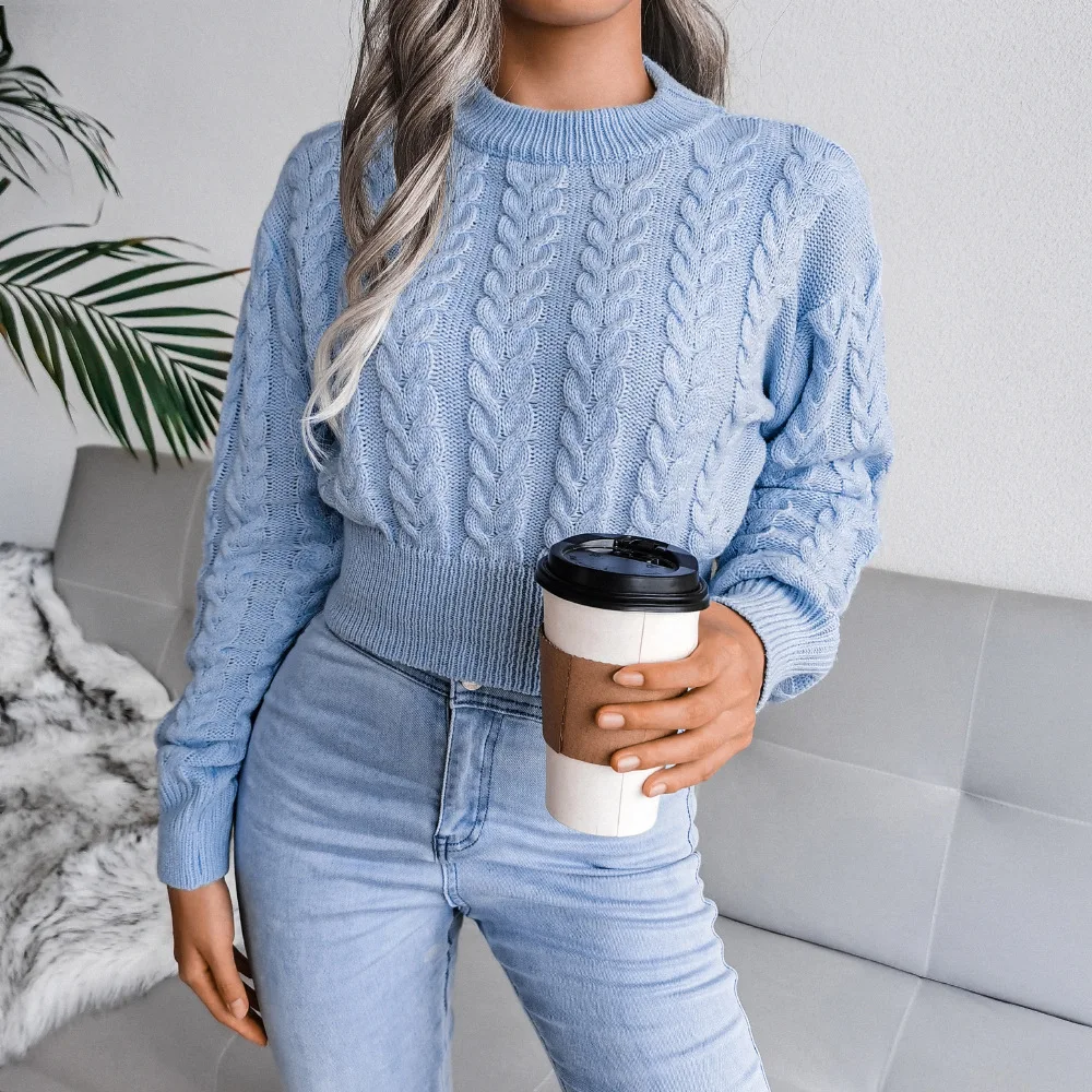 eDressU Woman Short Sweater Cable Knit Jumper Grey Knitted Crop Top O Neck High Waist Casual Office Fashion Pullover BJS-2051 - Image 5