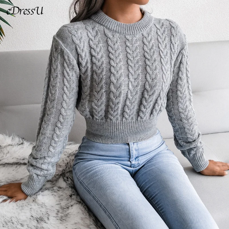 eDressU Woman Short Sweater Cable Knit Jumper Grey Knitted Crop Top O Neck High Waist Casual Office Fashion Pullover BJS-2051