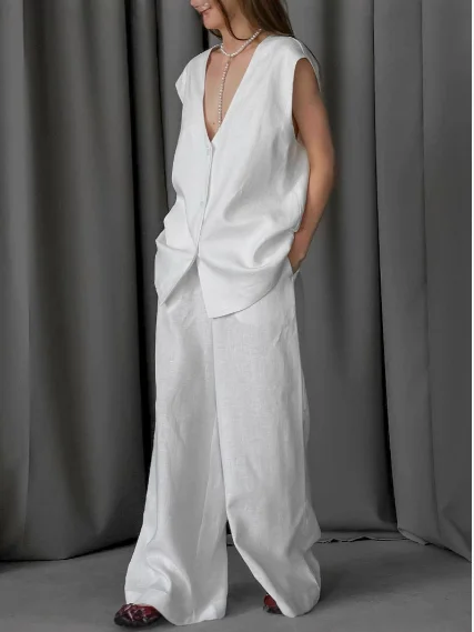 Summer Casual 2-Piece Set White V-Neck Cotton Linen V-Neck Sleeveless Vest Top Wide Leg Pants Set for Women Elegant Pants Set