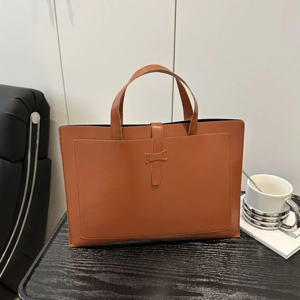 Fashion Solid Color File Tote Bag PU Leather Office Briefcase Business Casual Laptop Handbag Men Women - Image 2