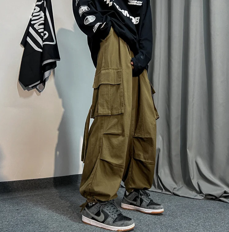 Y2K Cargo Pants Men's 2025 High Street Retro Washed Loose Multi Pocket High Waist Drawstring Casual Jeans Trendy Hip-Hop Pants