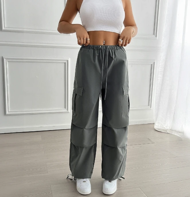 Trendy American Women's Pants Casual Street Style Loose Quick Drying Cargo Pants Lace Up Pocket Workwear Tapered Wide Leg Pants
