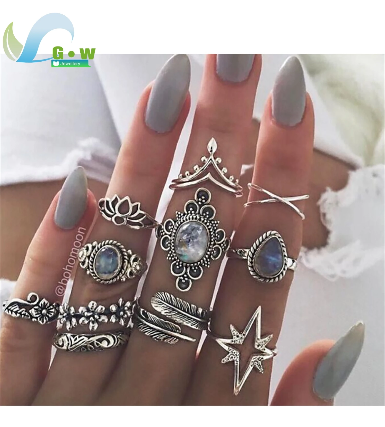 Elegant Bohemian Feather Inspired 9 Piece Turquoise Blue Hollow Ring Set Handcrafted Unique Statement Jewelry Gift for Her