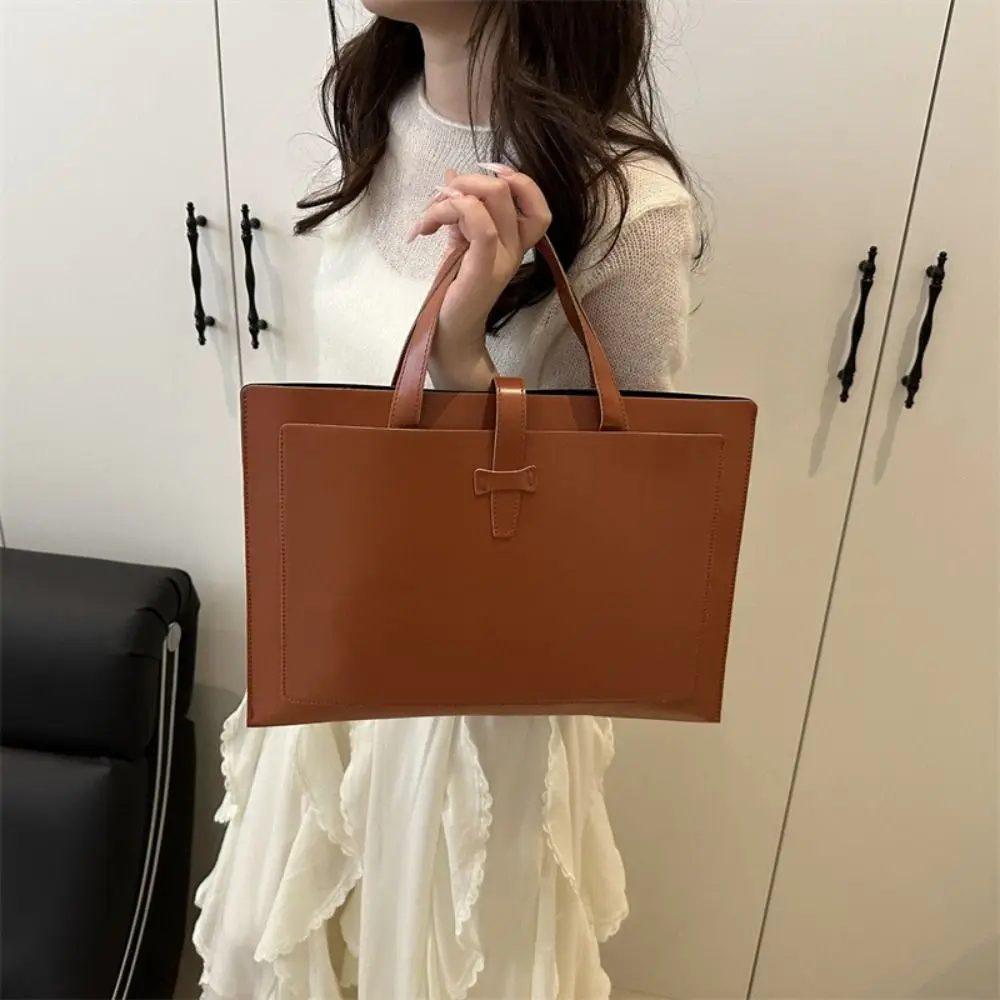 Fashion Solid Color File Tote Bag PU Leather Office Briefcase Business Casual Laptop Handbag Men Women