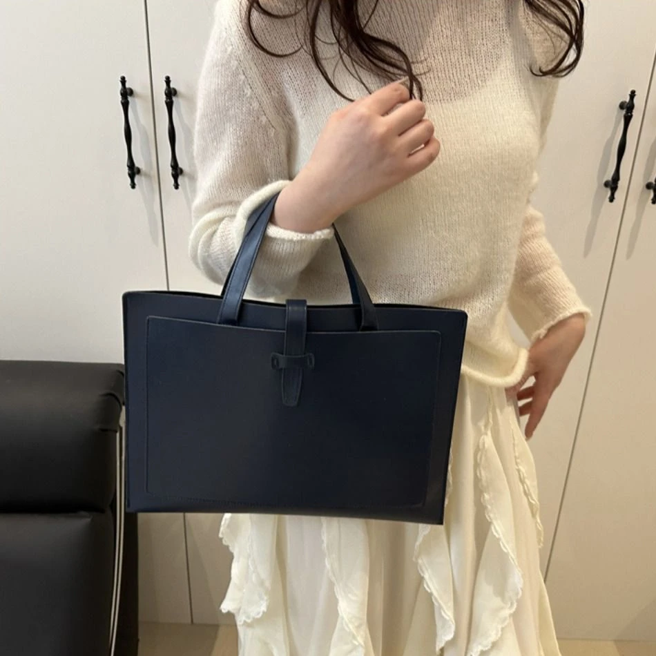 Fashion Solid Color File Tote Bag PU Leather Office Briefcase Business Casual Laptop Handbag Men Women - Image 3