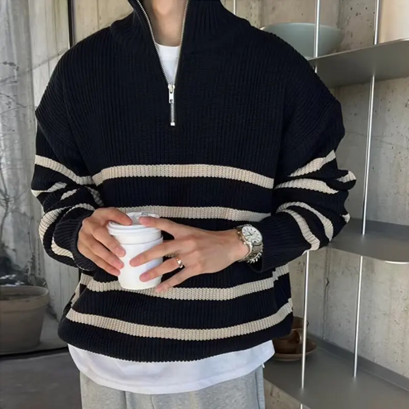 Men Knitted Sweater Turtleneck Zippers Pullovers Striped Jumpers Long Sleeve Loose Standard Wool Slight Strech High Street 2025