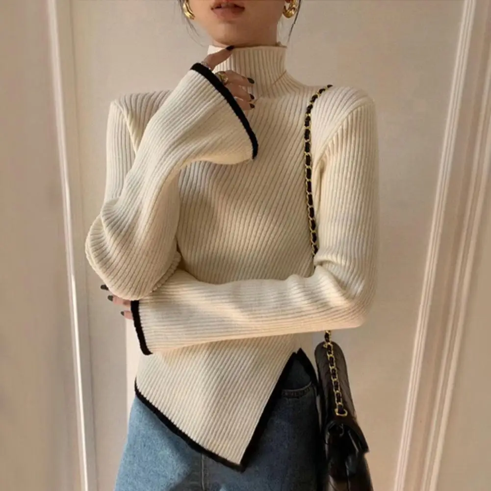 Women's Turtleneck Sweater And Pullover Winter 2025 New Side Slit Knitted Sweaters Female Long Flare Sleeve Knitwears