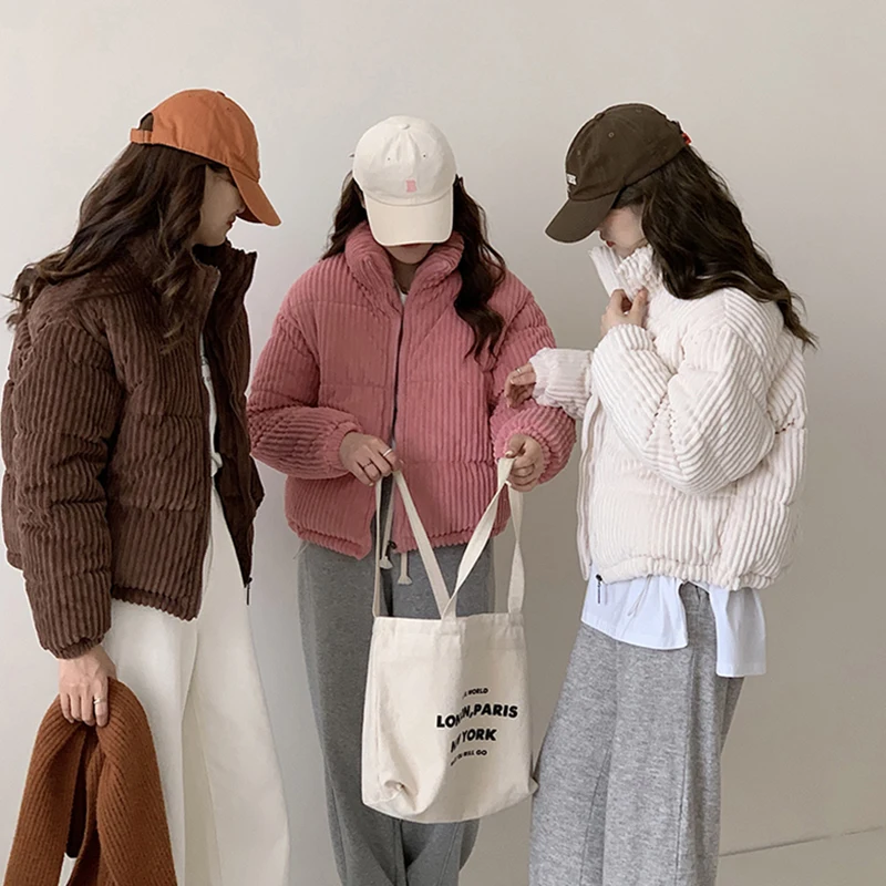 Short Women Corduroy Thick Puffer Jacket Korean Harajuku Cropped Down Coats Winter Warm Casual Cotton Padded Outwears New