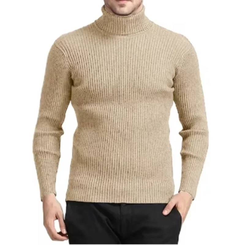 Men's Autumn/Winter High Collar Knitted Striped Street Wear Warm Long Sleeve Hoodie Breathable Solid Color Large Sweater