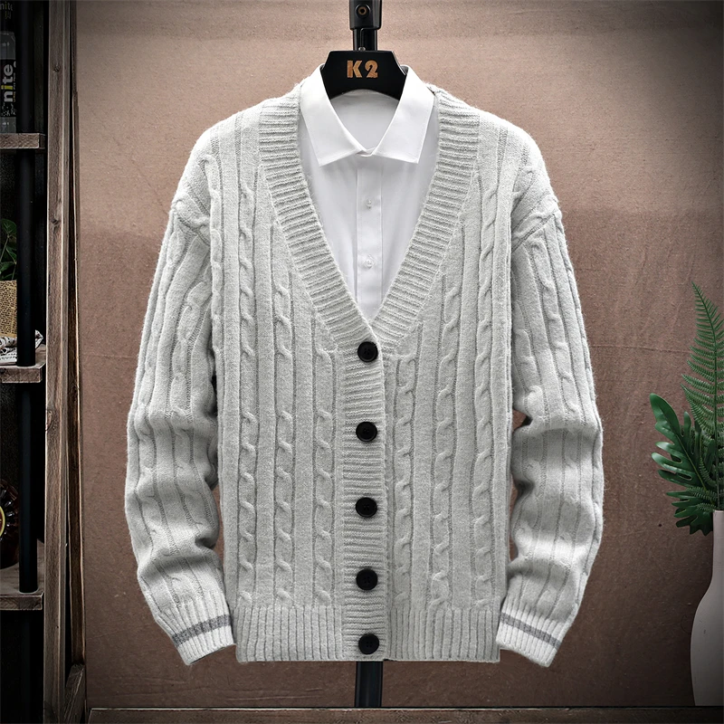 Men's Casual V-Neck Cable Knit Cardigan, Button Down Sweater Jacket with Contrast Trim Detail, Soft and Warm for Winter Casuals